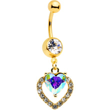 Load image into Gallery viewer, Clear Aurora Gem Gold Tone Rococo Heart Dangle Belly Ring