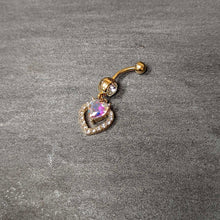 Load image into Gallery viewer, Clear Aurora Gem Gold Tone Rococo Heart Dangle Belly Ring