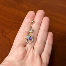 Load image into Gallery viewer, Clear Aurora Gem Gold Tone Rococo Heart Dangle Belly Ring