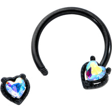 Load image into Gallery viewer, 16G 3/8 Aurora Gem Black Heart Ends Horseshoe Circular Barbell