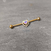 Load image into Gallery viewer, 14G Aurora Gem Gold Hue Rococo Heart Industrial Barbell 38mm
