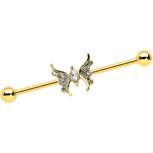 Load image into Gallery viewer, 14G Clear Gem Gold Tone Swirl Butterfly Industrial Barbell 38mm