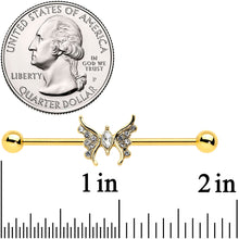 Load image into Gallery viewer, 14G Clear Gem Gold Tone Swirl Butterfly Industrial Barbell 38mm