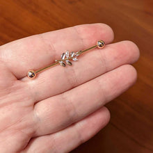Load image into Gallery viewer, 14G Clear CZ Gem Rose Gold Hue Simple Leaf Industrial Barbell 38mm