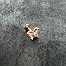 Load image into Gallery viewer, 16G 1/4 Clear CZ Gem Rosy Hue Internal Thread Butterfly Labret