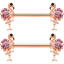 Load image into Gallery viewer, 14G 9/16 Pink Gem Rose Gold Hue Fashion Flamingo Nipple Ring Set