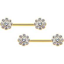 Load image into Gallery viewer, 14G 9/16 Clear Gem Gold Tone Whimsy Flower Barbell Nipple Ring Set