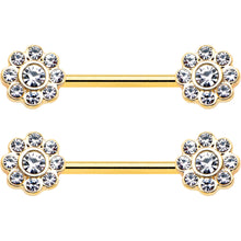 Load image into Gallery viewer, 14G 9/16 Clear Gem Gold Tone Whimsy Flower Barbell Nipple Ring Set
