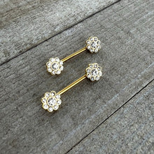 Load image into Gallery viewer, 14G 9/16 Clear Gem Gold Tone Whimsy Flower Barbell Nipple Ring Set