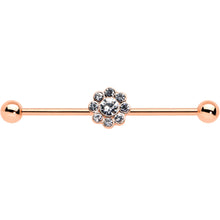 Load image into Gallery viewer, 14G Clear Gem Rose Gold Hue Whimsy Flower Industrial Barbell 38mm