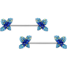 Load image into Gallery viewer, 14G 9/16 Blue Gem Glamour Butterfly Barbell Nipple Ring Set