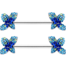 Load image into Gallery viewer, 14G 9/16 Blue Gem Glamour Butterfly Barbell Nipple Ring Set