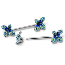Load image into Gallery viewer, 14G 9/16 Blue Gem Glamour Butterfly Barbell Nipple Ring Set