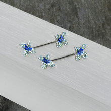 Load image into Gallery viewer, 14G 9/16 Blue Gem Glamour Butterfly Barbell Nipple Ring Set