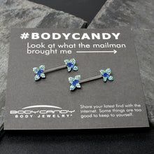 Load image into Gallery viewer, 14G 9/16 Blue Gem Glamour Butterfly Barbell Nipple Ring Set