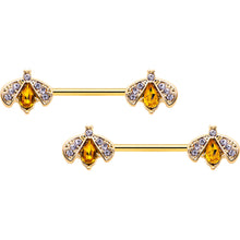 Load image into Gallery viewer, 14G 9/16 Yellow Gem Gold Tone Fashion Bug Barbell Nipple Ring Set