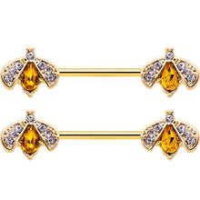 Load image into Gallery viewer, 14G 9/16 Yellow Gem Gold Tone Fashion Bug Barbell Nipple Ring Set
