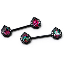 Load image into Gallery viewer, 14G 9/16 Purple Tourmaline Black Lacy Drop Barbell Nipple Ring Set