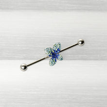 Load image into Gallery viewer, 14G Blue Green Gem Glam Butterfly Industrial Barbell 38mm
