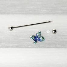 Load image into Gallery viewer, 14G Blue Green Gem Glam Butterfly Industrial Barbell 38mm