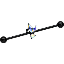 Load image into Gallery viewer, 14G Aurora CZ Gem Black Fleur de Lis Butterfly Industrial Barbell 38mm