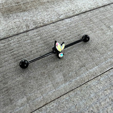 Load image into Gallery viewer, 14G Aurora CZ Gem Black Fleur de Lis Butterfly Industrial Barbell 38mm
