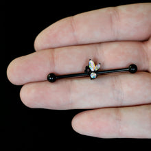 Load image into Gallery viewer, 14G Aurora CZ Gem Black Fleur de Lis Butterfly Industrial Barbell 38mm