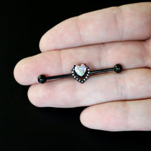Load image into Gallery viewer, 14G Aurora Clear Gem Black Rococo Heart Industrial Barbell 38mm