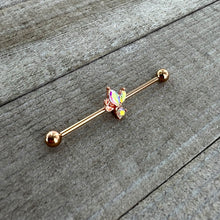 Load image into Gallery viewer, 14G Aurora CZ Gem Rosy Tone Fleur de Lis Butterfly Industrial Barbell 38mm