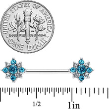Load image into Gallery viewer, 14G 9/16 Clear Blue Gem Opulent Flower Barbell Nipple Ring Set