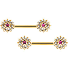 Load image into Gallery viewer, 14G 9/16 Clear Pink Gem Gold Tone Starry Flower Nipple Ring Set