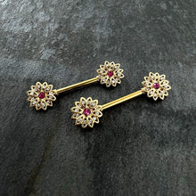 Load image into Gallery viewer, 14G 9/16 Clear Pink Gem Gold Tone Starry Flower Nipple Ring Set