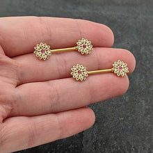 Load image into Gallery viewer, 14G 9/16 Clear Pink Gem Gold Tone Starry Flower Nipple Ring Set