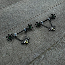 Load image into Gallery viewer, 14G 9/16 Yellow Gem Black Butterfly Chain Dangle Nipple Ring Set