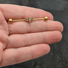 Load image into Gallery viewer, 14G Clear Gem Gold Tone Flying Dragonfly Industrial Barbell 38mm