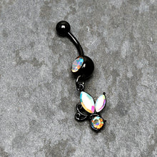 Load image into Gallery viewer, Aurora Gem Black Fleur de Lis Butterfly Dangle Belly Ring