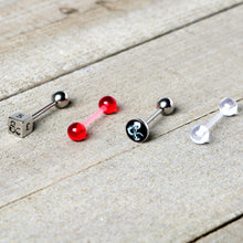 Load image into Gallery viewer, Licensed Dungeons & Dragons Dice Red Clear Barbell Tongue Ring Set of 4