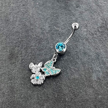 Load image into Gallery viewer, Blue Gem Butterflies Tiny Flower Dangle Belly Ring