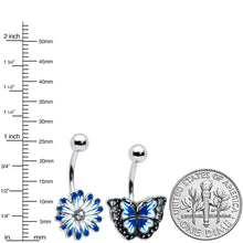 Load image into Gallery viewer, Clear Gem Butterfly Flower Blue White Belly Ring Set of 2
