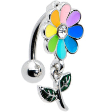 Load image into Gallery viewer, Clear Gem Rainbow Pride Flower Top Mount Dangle Belly Ring