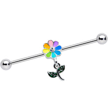 Load image into Gallery viewer, 14G Clear Gem Pride Rainbow Flower Dangle Industrial Barbell 38mm