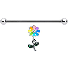 Load image into Gallery viewer, 14G Clear Gem Pride Rainbow Flower Dangle Industrial Barbell 38mm