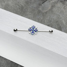 Load image into Gallery viewer, 14G Clear Blue Gem Embellished Cross Industrial Barbell 38mm