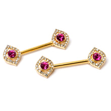 Load image into Gallery viewer, 14G 9/16 Clear Pink Gem Gold Tone Open Eye Barbell Nipple Ring Set