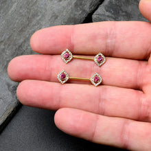 Load image into Gallery viewer, 14G 9/16 Clear Pink Gem Gold Tone Open Eye Barbell Nipple Ring Set