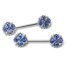 Load image into Gallery viewer, 14G 9/16 Clear Blue Gem Embellished Cross Barbell Nipple Ring Set