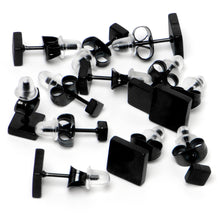 Load image into Gallery viewer, 3mm-8mm Square Stud Black 316L Stainless Steel Earrings 6 Pack