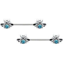 Load image into Gallery viewer, 14G 9/16 Blue Gem Bee Beautiful Insect Barbell Nipple Ring Set