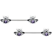 Load image into Gallery viewer, 14G 9/16 Purple Gem Bee Beautiful Insect Barbell Nipple Ring Set
