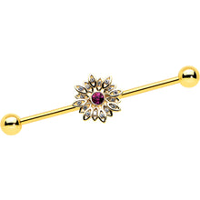 Load image into Gallery viewer, 14G Clear Pink Gem Gold Tone Starry Flower Industrial Barbell 38mm